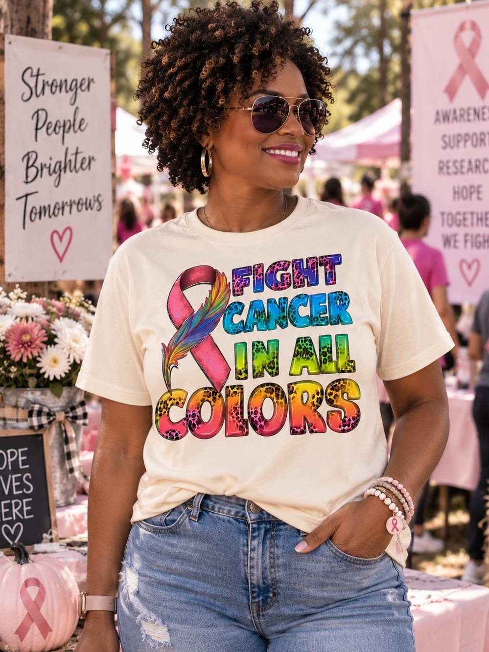 Gildan Cream 'Fight Cancer In All Colors' Rainbow Ribbon Tee